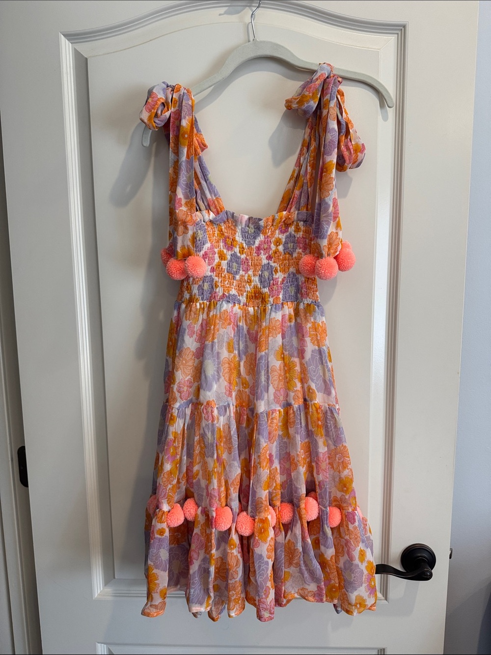 Floral Tie-Shoulder Smocked Dress in Lilac & Orange